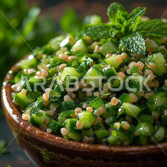 Quinoa tabbouleh filled with fresh vegetables, serving healthy and beneficial meals in Saudi restaurants, foods rich in vitamins, a diet to maintain physical fitness, Arabic appetizer dishes and oriental food.