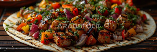 مجموعة من الخضراوات الطازجة المشوية على خبز التورتيلا، المأكولات العربية الشرقية ، وصفات للأكلات المشوية بنكهات سعودية متنوعة، الأطعمة والأغذية الصحية اللذيذة, وجبات الحميات الغذائية المفيدة