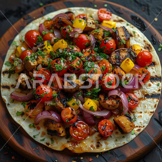 مجموعة من الخضراوات الطازجة المشوية على خبز التورتيلا، المأكولات العربية الشرقية ، وصفات للأكلات المشوية بنكهات سعودية متنوعة، الأطعمة والأغذية الصحية اللذيذة, وجبات الحميات الغذائية المفيدة