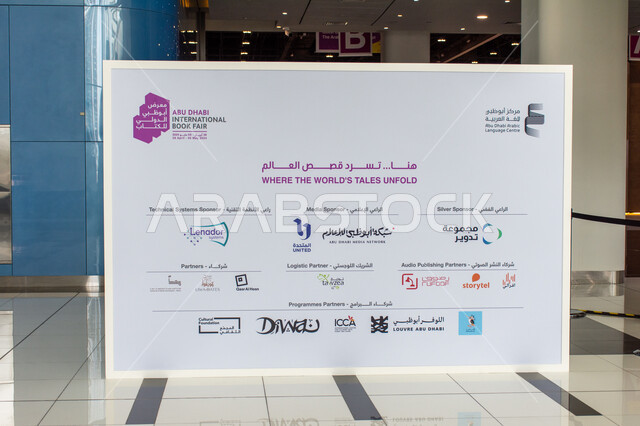 لافتة بأسماء الرعاة المشاركين في معرض أبوظبي الدولي للكتاب لعام 2024 ، عبارة هنا تسرد قصص العالم، معارض و فعاليات في الإمارات العربية المتحدة، عالم الكتب والنشر، أماكن و معالم سياحية ثقافية مشهورة في إمارة أبو ظبي