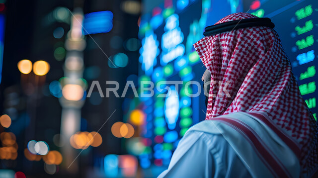 خلفية هولوجرامية ثلاثية الأبعاد، ارتفاع وانخفاض الأسهم في سوق البورصه، تطور وتقدم الهندسة المعمارية للأبراج وناطحات السحاب، رجل عربي خليجي اماراتي يرتدي الثوب التقليدي ينظر إلى برج خلفية في دبي، رؤية مستقبليه 2030