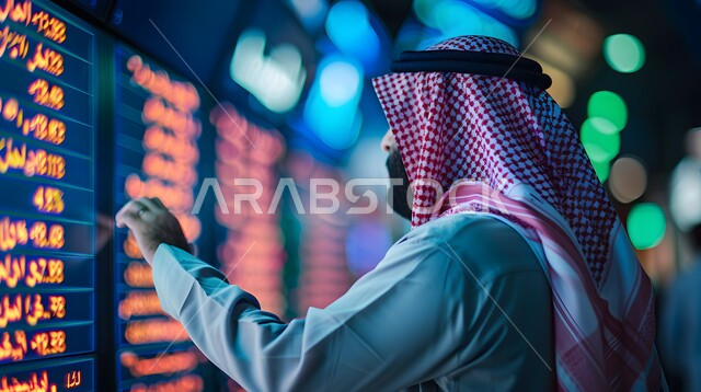 متابعة الرسوم البيانيه الهولوجراميه على الشاشات الالكترونيه المضيئه، رجل أعمال عربي خليجي سعودي يقوم بمراقبة ارتفاع وانخفاض الأسهم في سوق البورصه، دمج التكنولوجيا المتطورة مع العمل، إنجاز وتحقيق أهداف الشركة, تداول العملة الرقمية،  رؤية مستقبليه 2030