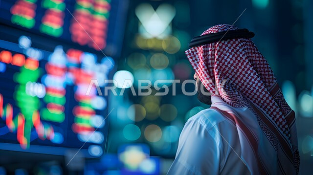متابعة الرسوم البيانيه الهولوجراميه على الشاشات الالكترونيه المضيئه، رجل أعمال عربي خليجي سعودي يقوم بمراقبة ارتفاع وانخفاض الأسهم في سوق البورصه، دمج التكنولوجيا المتطورة مع العمل، إنجاز وتحقيق أهداف الشركة, تداول العملة الرقمية،  رؤية مستقبليه 2030
