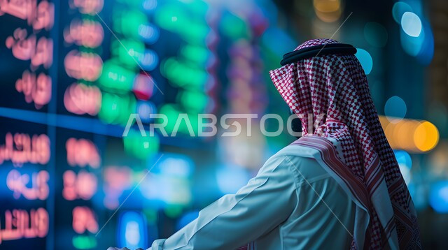 متابعة الرسوم البيانيه الهولوجراميه على الشاشات الالكترونيه المضيئه، رجل أعمال عربي خليجي سعودي يقوم بمراقبة ارتفاع وانخفاض الأسهم في سوق البورصه، دمج التكنولوجيا المتطورة مع العمل، إنجاز وتحقيق أهداف الشركة, تداول العملة الرقمية،  رؤية مستقبليه 2030
