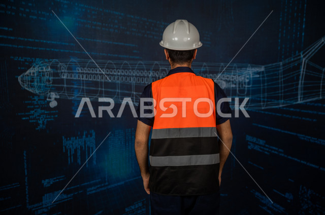 خاصية الهولوجرام ، مهندس سعودي ماهر محترف في صناعة الطائرات، رجل مهندس خليجي ، استخدام تقنية الهولوجرام ثلاثية الابعاد ، صور تجسيمية خاصة بمجسمات الطائرات و هياكلها ، صور متحركة بأبعاد مختلفة ، تصوير ثلاثي الابعاد للأجسام