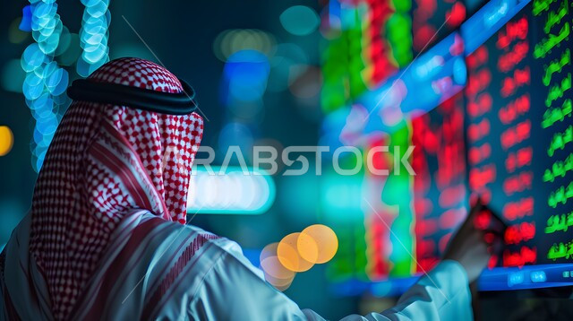 Following holographic charts on illuminated electronic screens, a Saudi Arabian Gulf businessman monitors the rise and fall of stocks in the stock market, integrating advanced technology with work, achieving and achieving the company’s goals, digital currency trading, a future vision 2030