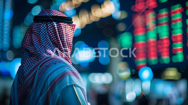 خلفية هولوجرامية ثلاثية الأبعاد، متابعة الرسوم البيانيه على الشاشات الالكترونيه المضيئه، رجل أعمال عربي خليجي سعودي يقوم بمراقبة ارتفاع وانخفاض الأسهم في سوق البورصه، دمج التكنولوجيا المتطورة مع العمل, تداول العملة الرقمية،  رؤية مستقبليه 2030