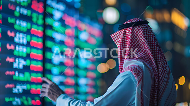 خلفية هولوجرامية ثلاثية الأبعاد، متابعة الرسوم البيانيه على الشاشات الالكترونيه المضيئه، رجل أعمال عربي خليجي سعودي يقوم بمراقبة ارتفاع وانخفاض الأسهم في سوق البورصه، دمج التكنولوجيا المتطورة مع العمل, تداول العملة الرقمية،  رؤية مستقبليه 2030