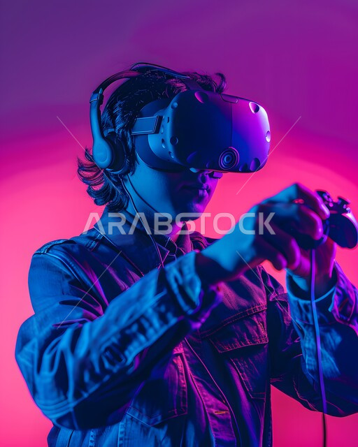 الأجهزة التكنولوجية والتقنيات الحديثة، الشعور بالمتعة والتسلية بمحاكاة العالم الخيالي, صورة مقربة لشاب عربي خليجي سعودي يرتدي نظارات الواقع الافتراضي (في آر) ثلاثية الأبعاد و يمسك بيده عصا التحكم يقوم باللعب في ألعاب الفيديو الترفيهية