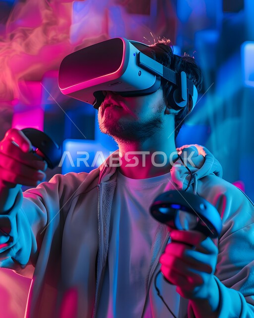 Technological devices and modern techniques, feeling fun and amusement by simulating the imaginary world, a close-up image of a young Arab Gulf Saudi man wearing 3D virtual reality (VR) glasses and holding a joystick in his hand playing entertainment video games