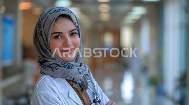 ايماءات السعادة والسرور، العمل في القطاع  الصحي, صورة مقربة لطبيبة عربية خليجية سعودية محجبة مبتسمة ترتدي المعطف الطبي الأبيض, الوقوف باستقامة والنظر إلى الكاميرا بثقة, تقديم الخدمات العلاجية والفحوصات الطبية للمرضى, مهن ووظائف نسائية سعودية