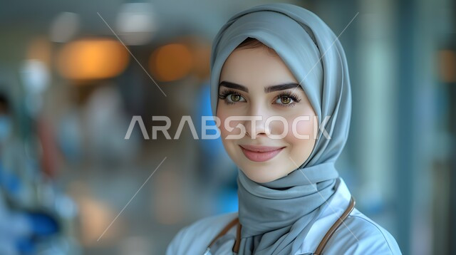 تقديم الخدمات العلاجية والفحوصات الطبية للمرضى, ايماءات السعادة والسرور، العمل في القطاع  الصحي, صورة مقربة لطبيبة عربية خليجية سعودية محجبة مبتسمة ترتدي المعطف الطبي الأبيض, الوقوف باستقامة والنظر إلى الكاميرا بثقة, مهن ووظائف نسائية سعودية