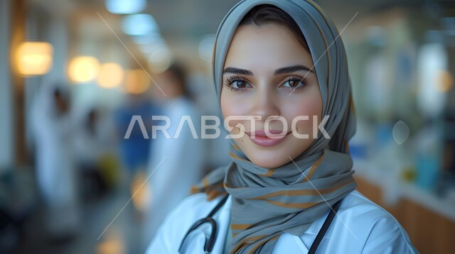 العمل في القطاع  الصحي, تقديم الخدمات العلاجية والفحوصات الطبية للمرضى, ايماءات السعادة والسرور،  صورة مقربة لطبيبة عربية خليجية سعودية محجبة مبتسمة ترتدي المعطف الطبي الأبيض, الوقوف باستقامة والنظر إلى الكاميرا بثقة, مهن ووظائف نسائية سعودية