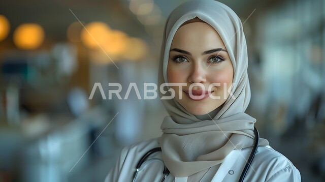  الوقوف باستقامة والنظر إلى الكاميرا بثقة, العمل في القطاع  الصحي, تقديم الخدمات العلاجية والفحوصات الطبية للمرضى, ايماءات السعادة والسرور،  صورة مقربة لطبيبة عربية خليجية سعودية محجبة مبتسمة ترتدي المعطف الطبي الأبيض, مهن ووظائف نسائية سعودية
