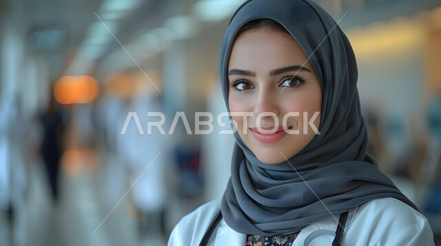 مهن ووظائف نسائية سعودية، الوقوف باستقامة والنظر إلى الكاميرا بثقة, العمل في القطاع  الصحي, تقديم الخدمات العلاجية والفحوصات الطبية للمرضى, ايماءات السعادة والسرور،  صورة مقربة لطبيبة عربية خليجية سعودية محجبة مبتسمة ترتدي المعطف الطبي الأبيض