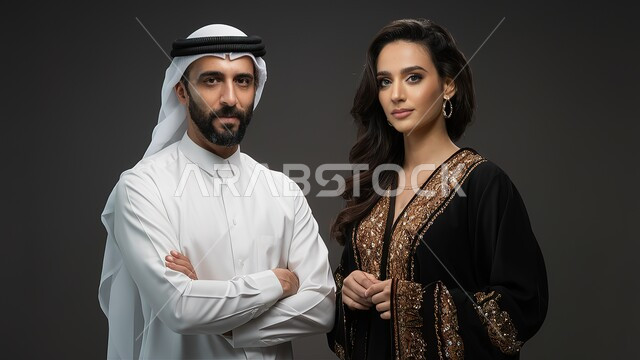 أزياء نسائية عصريه حديثه, الأناقة والاهتمام بالمظهر الخارجي، بورتريه مقرب لإمرأة عربية خليجية سعودية مبتسمة ترتدي العباءة التقليدية تقف بجانب رجل يرتدي الثوب التقليدي، النظر إلى الكاميرا بإيماءات الثقة بالنفس، خلفية رمادية