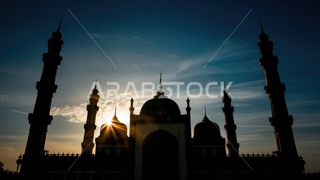 Calling Muslims to perform obligatory prayers and prayers, worship and drawing closer to God, architectural engineering art for building mosques in the Kingdom of Saudi Arabia, modern exterior decorations and designs for building a mosque, Islamic holy places, silhouette of a mosque during sunset, Salulite