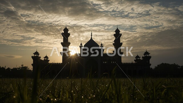 Calling Muslims to perform obligatory prayers and prayers, worship and drawing closer to God, architectural engineering art for building mosques in the Kingdom of Saudi Arabia, modern exterior decorations and designs for building a mosque, Islamic holy places, silhouette of a mosque during sunset, Salulite