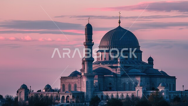 Calling Muslims to perform obligatory prayers and prayers, worship and drawing closer to God, architectural engineering art for building mosques in the Kingdom of Saudi Arabia, modern exterior decorations and designs for building a mosque, Islamic holy places, silhouette of a mosque during sunset, Salulite