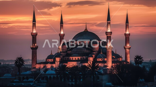 Holy Islamic places, calling on Muslims to perform obligatory prayers and prayers, worship and drawing closer to God, architectural engineering art for building mosques in the Kingdom of Saudi Arabia, modern exterior decorations and designs for building a mosque, silhouette of a mosque during sunset, Salulite