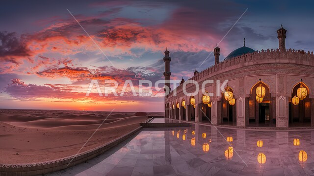 Holy Islamic places, calling on Muslims to perform obligatory prayers and prayers, worship and drawing closer to God, architectural engineering art for building mosques in the Kingdom of Saudi Arabia, modern exterior decorations and designs for building a mosque, silhouette of a mosque during sunset, Salulite