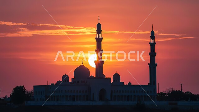 Holy Islamic places, calling on Muslims to perform obligatory prayers and prayers, worship and drawing closer to God, architectural engineering art for building mosques in the Kingdom of Saudi Arabia, modern exterior decorations and designs for building a mosque, silhouette of a mosque during sunset, Salulite