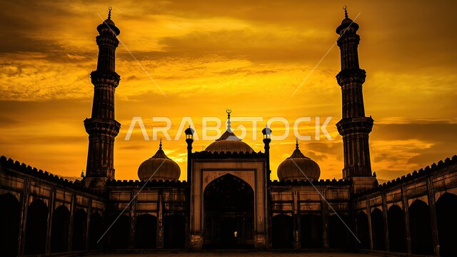 أماكن إسلامية مقدسة، نداء المسلمين لأداء الفرائض والصلوات, العبادة والتقرب الى الله, الفن الهندسي المعماري لبناء المساجد في المملكة العربية السعودية, الديكورات والتصاميم الخارجية الحديثة لبناء مسجد,صورة ظلية لجامع أثناء غروب الشمس، سالوليت