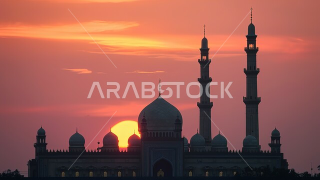   الفن الهندسي المعماري لبناء المساجد في المملكة العربية السعودية, أماكن إسلامية مقدسة، نداء المسلمين لأداء الفرائض والصلوات, العبادة والتقرب الى الله, الديكورات والتصاميم الخارجية الحديثة لبناء مسجد,صورة ظلية لجامع أثناء غروب الشمس، سالوليت