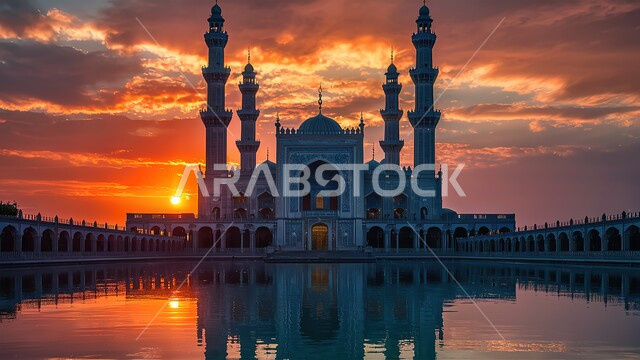   الفن الهندسي المعماري لبناء المساجد في المملكة العربية السعودية, أماكن إسلامية مقدسة، نداء المسلمين لأداء الفرائض والصلوات, العبادة والتقرب الى الله, الديكورات والتصاميم الخارجية الحديثة لبناء مسجد,صورة ظلية لجامع أثناء غروب الشمس، سالوليت