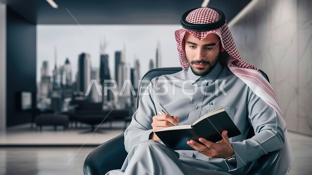 إدارة شؤون العمل وتنظيمها، مهن ووظائف ادارية مكتبية، رجل اعمال عربي خليجي سعودي يرتدي الزي التقليدي والشماغ يجلس على كرسي مريح يحمل بيده كتاب يقوم بتسجيل الملاحظات، الاهتمام بالأناقة والمظهر الخارجي