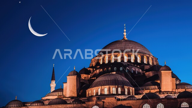 Domes and minarets in the modern Islamic style, the architectural art of building mosques in the Kingdom of Saudi Arabia, worship and getting closer to God, Islamic holy places, the background of the starry sky with the Ramadan crescent