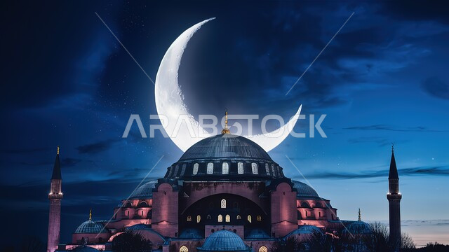  القبب و المآذن على الطراز الإسلامي العصري الحديث، الفن الهندسي المعماري لبناء المساجد في المملكة العربية السعودية، العباده والتقرب إلى الله، أماكن اسلامية مقدسة، خلفية السماء المليئة بالنجوم مع هلال رمضان