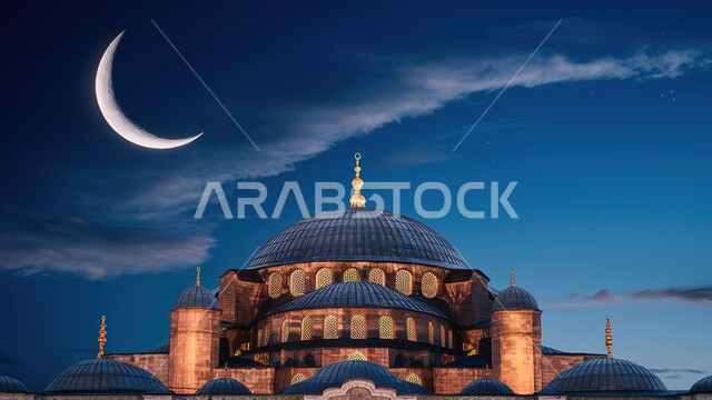 Domes and minarets in the modern Islamic style, the architectural art of building mosques in the Kingdom of Saudi Arabia, worship and getting closer to God, Islamic holy places, the background of the starry sky with the Ramadan crescent