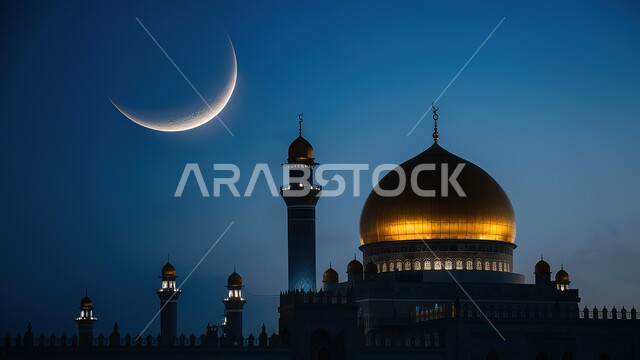 Domes and minarets in the modern Islamic style, the architectural art of building mosques in the Kingdom of Saudi Arabia, worship and getting closer to God, Islamic holy places, the background of the starry sky with the Ramadan crescent