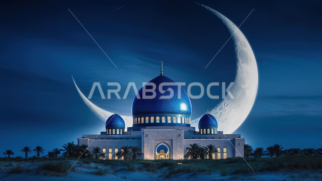  القبب و المآذن على الطراز الإسلامي العصري الحديث، الفن الهندسي المعماري لبناء المساجد في المملكة العربية السعودية، العباده والتقرب إلى الله، أماكن اسلامية مقدسة، خلفية السماء المليئة بالنجوم مع هلال رمضان