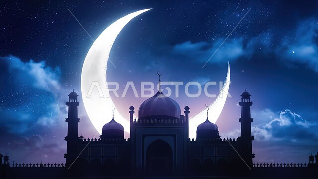 العباده والتقرب إلى الله،  القبب و المآذن على الطراز الإسلامي العصري الحديث، الفن الهندسي المعماري لبناء المساجد في المملكة العربية السعودية، أماكن اسلامية مقدسة، خلفية السماء المليئة بالنجوم مع هلال رمضان