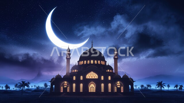 العباده والتقرب إلى الله،  القبب و المآذن على الطراز الإسلامي العصري الحديث، الفن الهندسي المعماري لبناء المساجد في المملكة العربية السعودية، أماكن اسلامية مقدسة، خلفية السماء المليئة بالنجوم مع هلال رمضان