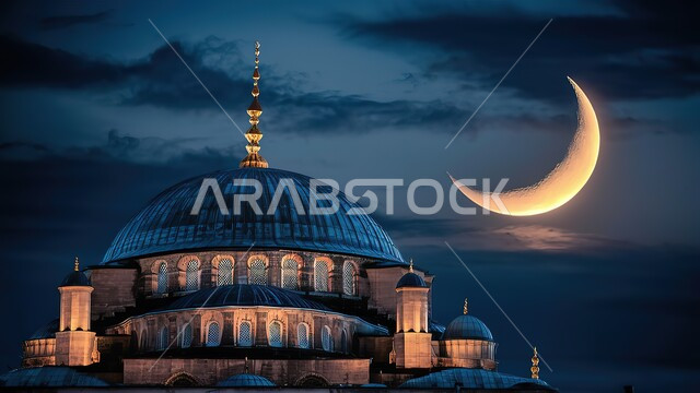 Worshiping and getting closer to God, domes and minarets in the modern Islamic style, architectural engineering art for building mosques in the Kingdom of Saudi Arabia, Islamic holy places, background of the starry sky with the Ramadan crescent