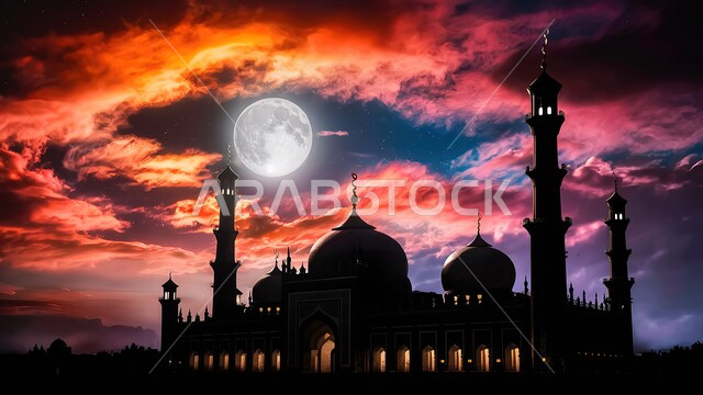 دعوة المسلمين لأداء الفروض والصلوات، العبادة والتقرب إلى الله، فن الهندسة المعمارية لبناء المساجد في المملكة العربية السعودية، خلفية السماء مع البدر المضيء، ديكورات وتصاميم خارجية حديثة للأماكن المقدسة الإسلامية