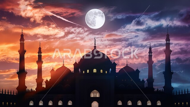 التصاميم والديكورات الخارجية الحديثة, أماكن إسلامية مقدسة، نداء المسلمين لأداء الفرائض والصلوات, العبادة والتقرب من الله, الفن الهندسي المعماري لبناء المساجد في المملكة العربية السعودية, خلفية السماء مع القمر المكتمل،  صورة ظلية للقبب والمآذن، سالوليت