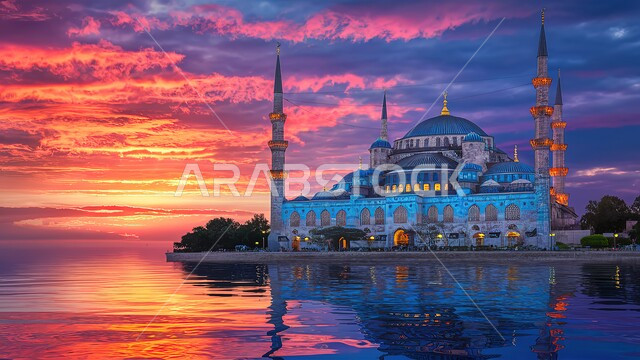 انعكاس مجسم المسجد على سطح المياه, الفن الهندسي المعماري لبناء المساجد في المملكة العربية السعودية، القبب و المآذن على الطراز الإسلامي العصري الحديث، العباده والتقرب إلى الله، أماكن اسلامية مقدسة، خلفية السماء المليئة بالغيوم