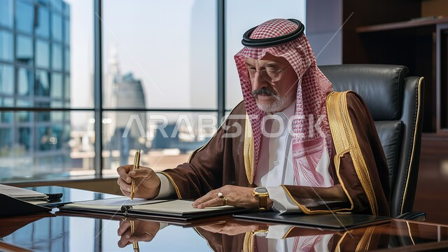 مهن ووظائف ادارية مكتبية، إدارة شؤون الأعمال وتنظيمها، رجل كبير السن عربي خليجي سعودي يرتدي الزي التقليدي والشماغ يجلس في مكتبه يكتب بخط اليد، إنجاز مهام العمل، شركات المملكة العربية السعودية