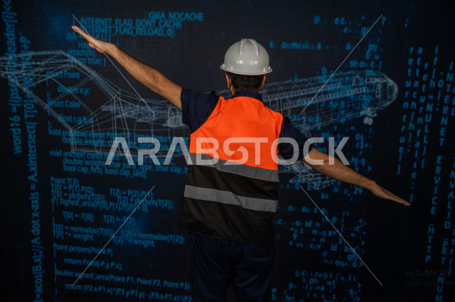 خاصية الهولوجرام ، مهندس سعودي ماهر محترف في صناعة الطائرات، رجل مهندس خليجي ، استخدام تقنية الهولوجرام ثلاثية الابعاد ، صور تجسيمية خاصة بمجسمات الطائرات و هياكلها ، صور متحركة بأبعاد مختلفة ، تصوير ثلاثي الابعاد للأجسام