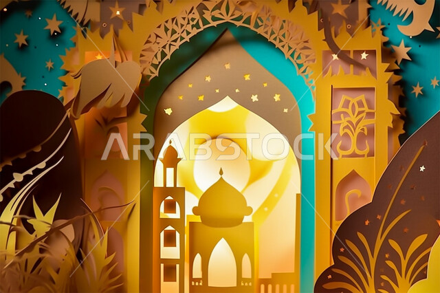 الفن الهندسي المعماري لقبب ومآذن المساجد، رسومات وأشكال هندسية إسلامية، النمط العربي الإسلامي، تصاميم إسلامية ملونة وذهبية، زينة الاعياد والمناسبات الدينية، الديكورات والتصاميم الهندسية المميزة في رمضان المبارك، العبادة والتقرب إلى الله