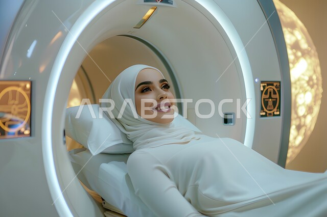 المراكز والمستشفيات الحديثة المتطورة في المملكة العربية السعودية، تشخيص الحالات المرضية الداخلية، صورة مقربة لامرأة عربية خليجية سعودية محجبة ترتدي الملابس البيضاء ترقد على سرير جهاز التصوير بالرنين المغناطيسي، الفحص الطبي الدوري والاهتمام بالصحة