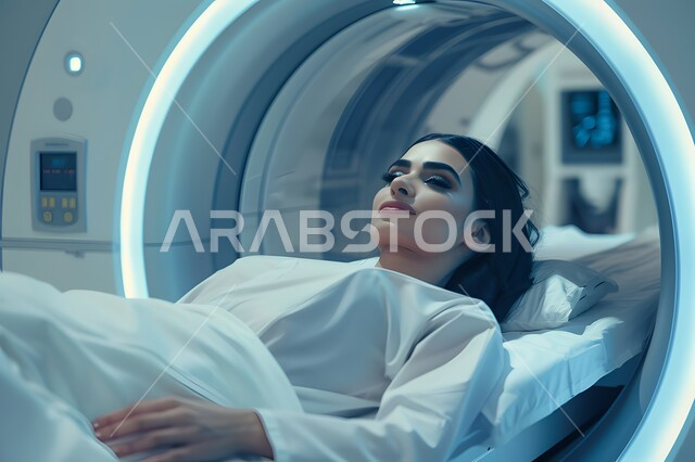 Diagnosis of internal medical conditions, advanced modern centers and hospitals in the Kingdom of Saudi Arabia, a close-up picture of a Saudi Arabian Gulf woman wearing white clothes lying on the bed of an MRI machine, periodic medical examination and attention to health
