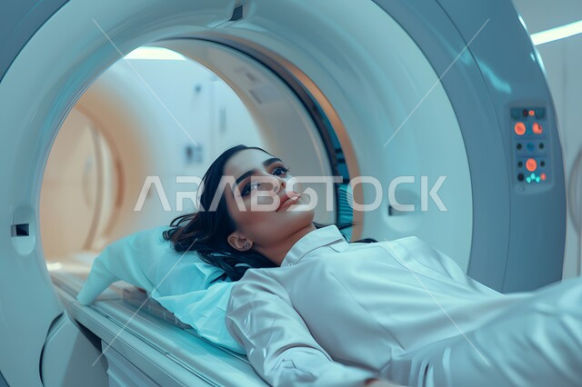 Diagnosis of internal medical conditions, advanced modern centers and hospitals in the Kingdom of Saudi Arabia, a close-up picture of a Saudi Arabian Gulf woman wearing white clothes lying on the bed of an MRI machine, periodic medical examination and attention to health