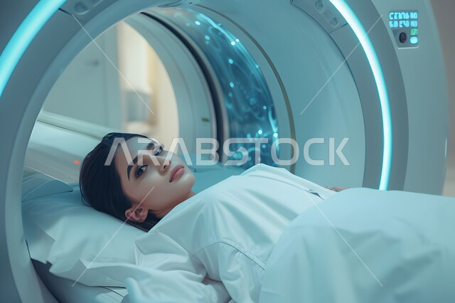 تشخيص الحالات المرضية الداخلية، المراكز والمستشفيات الحديثة المتطورة في المملكة العربية السعودية، صورة مقربة لامرأة عربية خليجية سعودية ترتدي الملابس البيضاء ترقد على سرير جهاز التصوير بالرنين المغناطيسي، الفحص الطبي الدوري والاهتمام بالصحة
