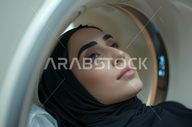 Modern, advanced hospitals and centers in the Kingdom of Saudi Arabia, diagnosis of internal medical conditions, a close-up photo of a Saudi Gulf Arab woman wearing comfortable clothes lying on the bed of an MRI machine, periodic medical examination and attention to health