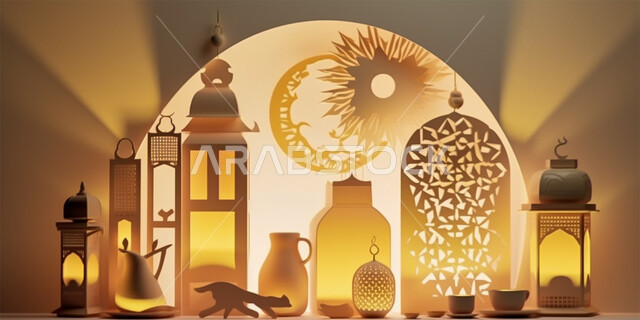 رسومات وأشكال هندسية إسلامية، النمط العربي الإسلامي، تصاميم إسلامية باللون الذهبي، زينة الاعياد والمناسبات الدينية، الديكورات والفوانيس المضيئة في رمضان المبارك، العبادة والتقرب إلى الله، الديكورات والتصاميم الهندسية لقبب المساجد